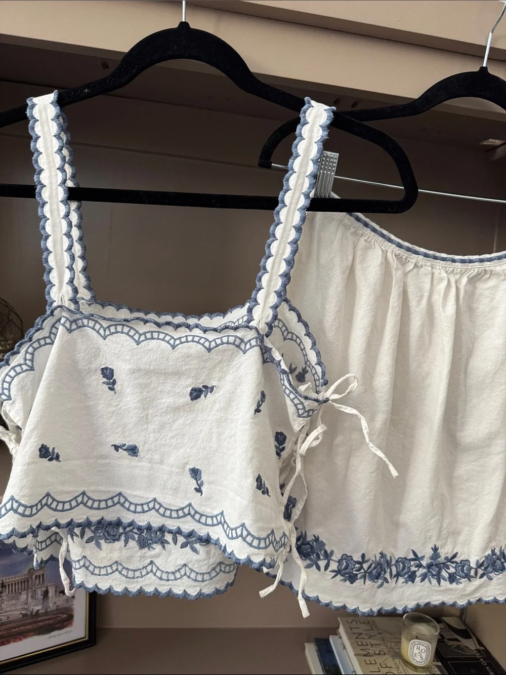 Sézane Sabyna Top Noam Skirt Set Ecru Blue Embroidered Cotton FR 36 US 4